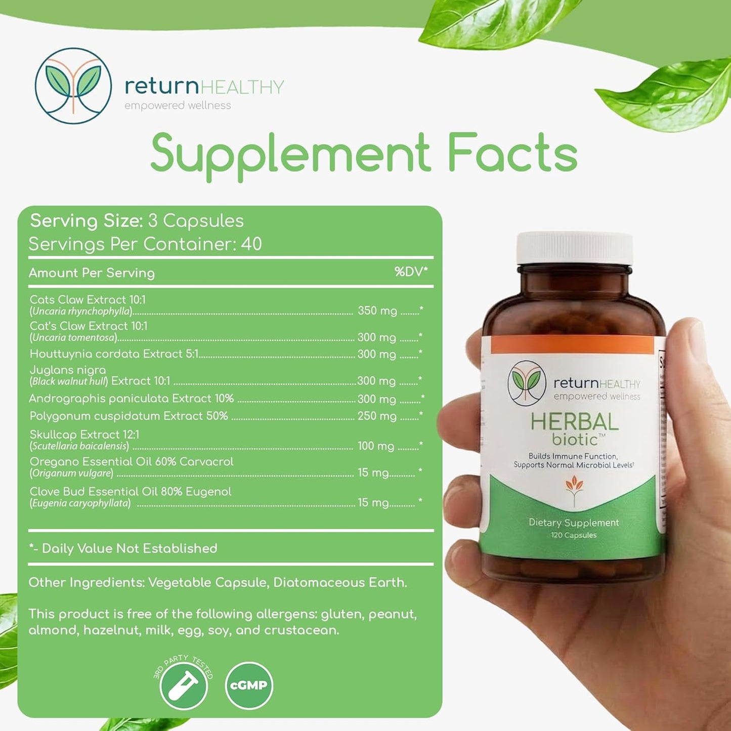 Herbal Biotic, Immune Support Vitamins, Natural Immune System Booster for Adults, Immune Support Supplement Enriched with Cat’s Claw for Probiotic Balance, Digestive Health, 120 Vegan Capsules