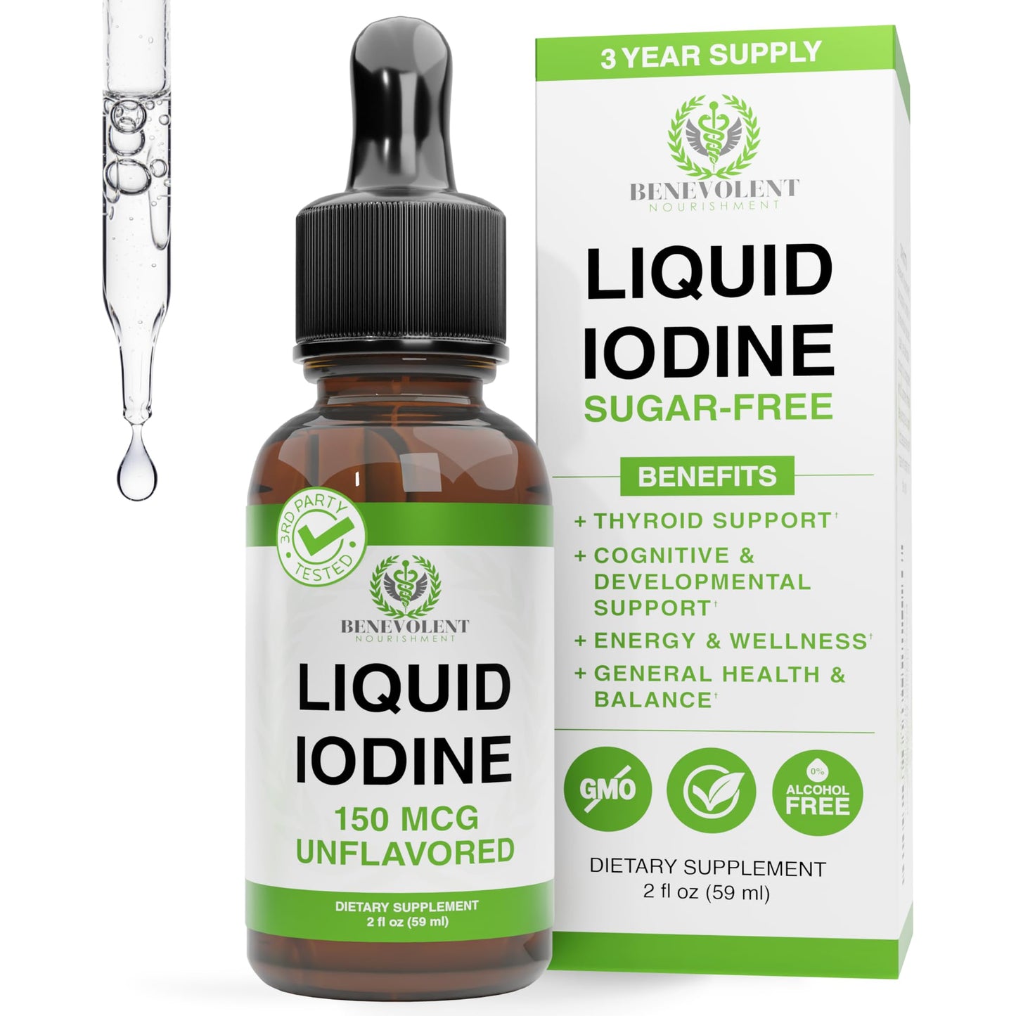 Liquid Iodine Drops – 1300 Servings Potassium Iodide for Thyroid, Metabolism & Detox Support – 2X Absorption – 3 Year Supply – USA Made, Gluten Free, Vegan – 2 Fl Oz