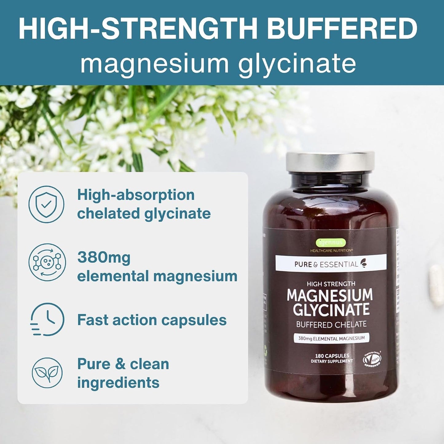 Igennus Highest Strength Fast-Acting Chelated Magnesium Glycinate 1300mg, 380mg Elemental, 90 Servings, Pure & Clean Buffered Magnesium Bisglycinate, Vegan, 180 Capsules