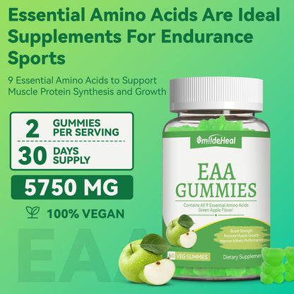 EAA Gummies, Essential Amino Acids, Apple Flavor, 60 Vegan Gummies | All 9 Essential Aminos (EAA) and All Branched-Chain Aminos (BCAAs) for Muscle Recovery, Energy Support, Non-GMO, Gluten Free