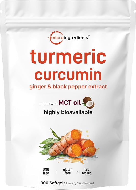 Micro Ingredients Turmeric Curcumin Supplement with Black Pepper & Ginger, 300 Softgels | Made with MCT Oil | 95% Curcuminoids | Non-GMO, Gluten Free