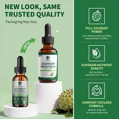 (2 Pack)Whole Soursop Graviola Leaf Extract Liquid Drop with Irish Sea Moss | Herbal Soursop Bitters Liquid for Cell Support & Regeneration, Immunity and Gut Health丨Vegan, Non-GMO, Natural Flavor,1 Fl Oz