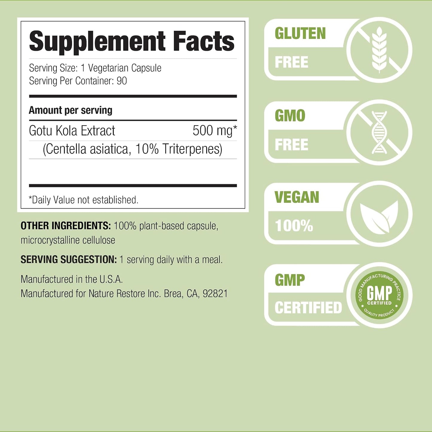 Nature Restore Gotu Kola Extract Supplement. Standardized to 10% Triterpenes - Maximum Potency 500mg Adaptogen for Brain Focus, Memory, Healthy Leg Circulation & Skin Elasticity - 90 Vegan Capsules