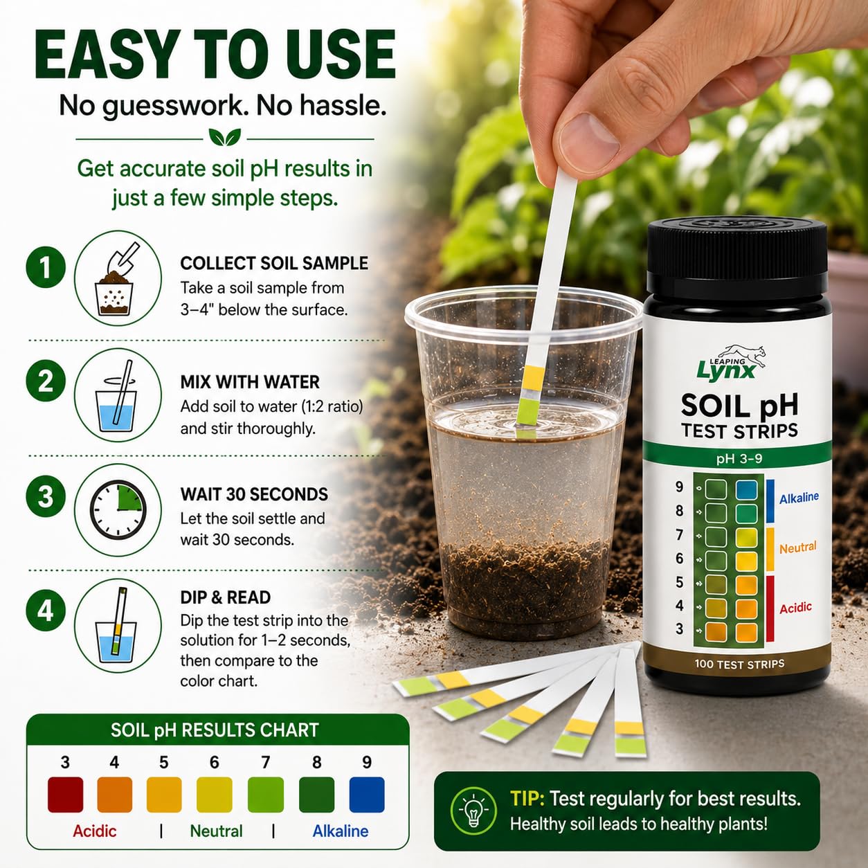 Soil pH Test Kit (3-9 Range) – 100 Test Strips for Garden, Lawn, Vegetable & Flower Beds | Quick & Easy Soil pH Monitoring for Indoor & Outdoor Plants | Leaping Lynx