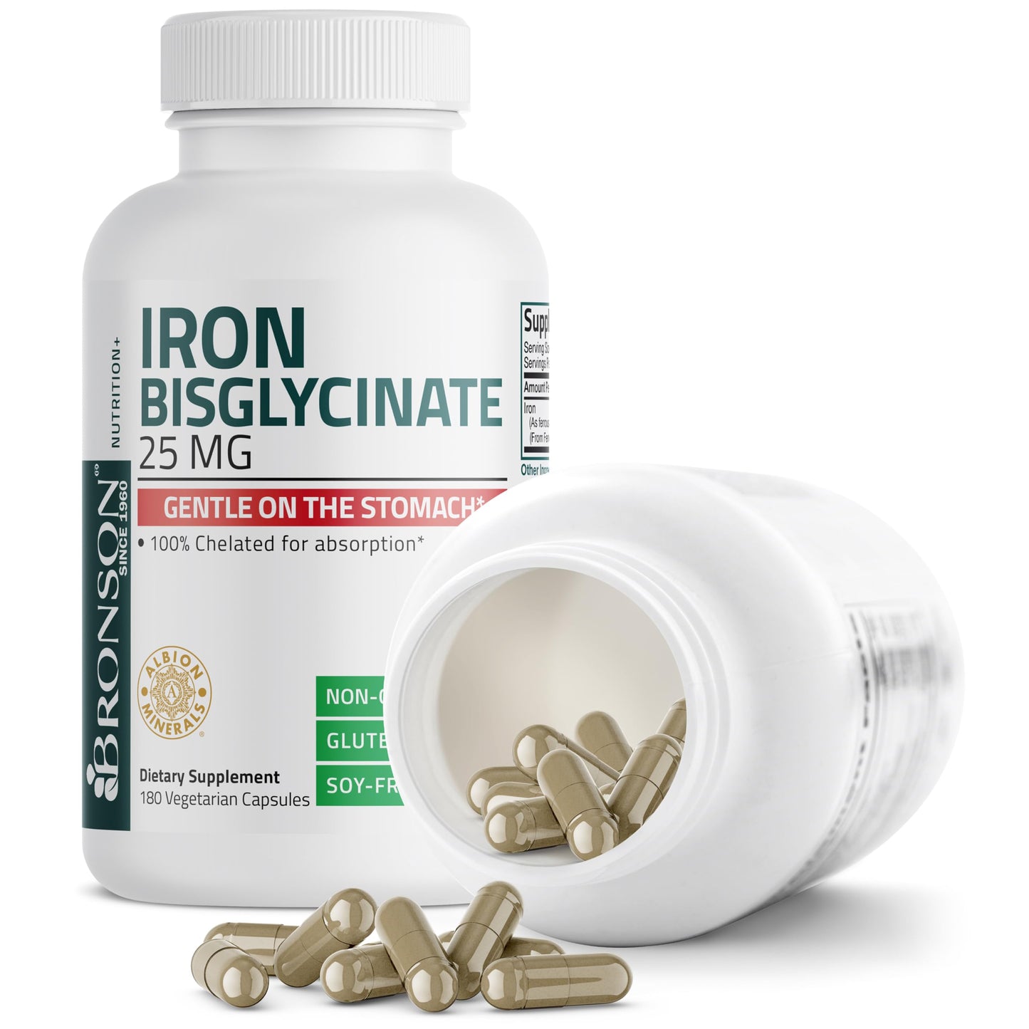 Bronson Iron Bisglycinate 25 mg, 90 Vegetarian Capsules | Gentle on the Stomach, Non-Constipating, Supports Energy & Red Blood Cell Production, Non-GMO, Gluten-Free & Soy-Free