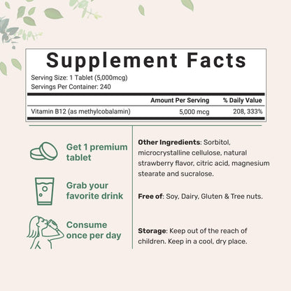 Micro Ingredients Vitamin B12 5000mcg | Methyl B12 Active Form – 240 Chewable