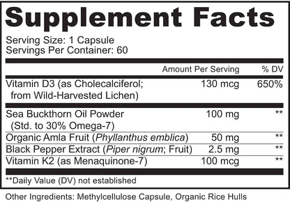 MoxyVites Vitamin D3 K2 5000 IU – High Absorption D3 + K2 MK-7 with Sea Buckthorn Oil & Omega-7 – Bone, Heart & Immune Support for Women & Men – 60 Vegan Capsules