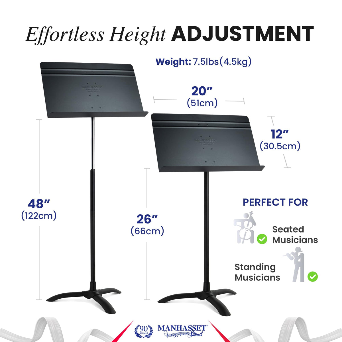 Manhasset Music Stand for Sheet Music - 48 Symphony Model - Long Lasting, Durable Manhasset Stand - Adjustable Height - 26" to 48" - Made in the USA