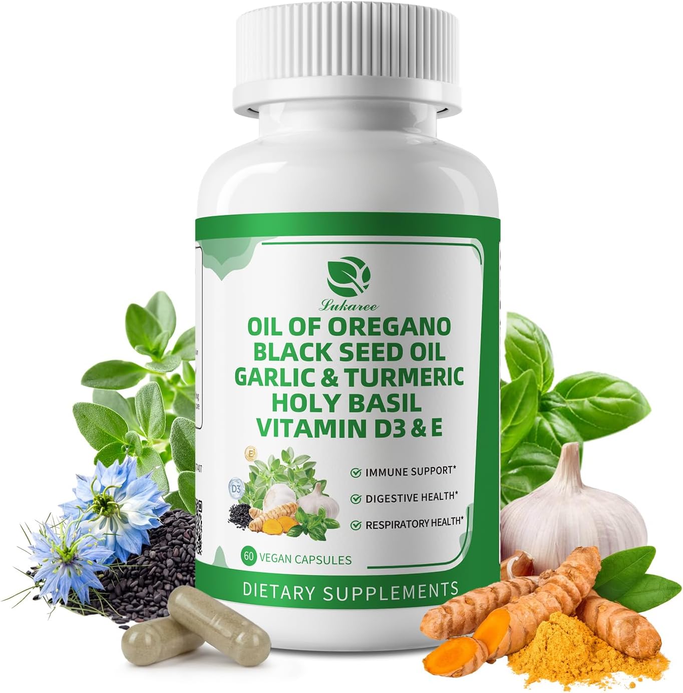 Oil of Oregano Capsules with Black Seed Oil, Garlic, Turmeric, Holy Basil | High Absorption – Immune, Digestive & Respiratory – 60 Caps, 2 Month Supply