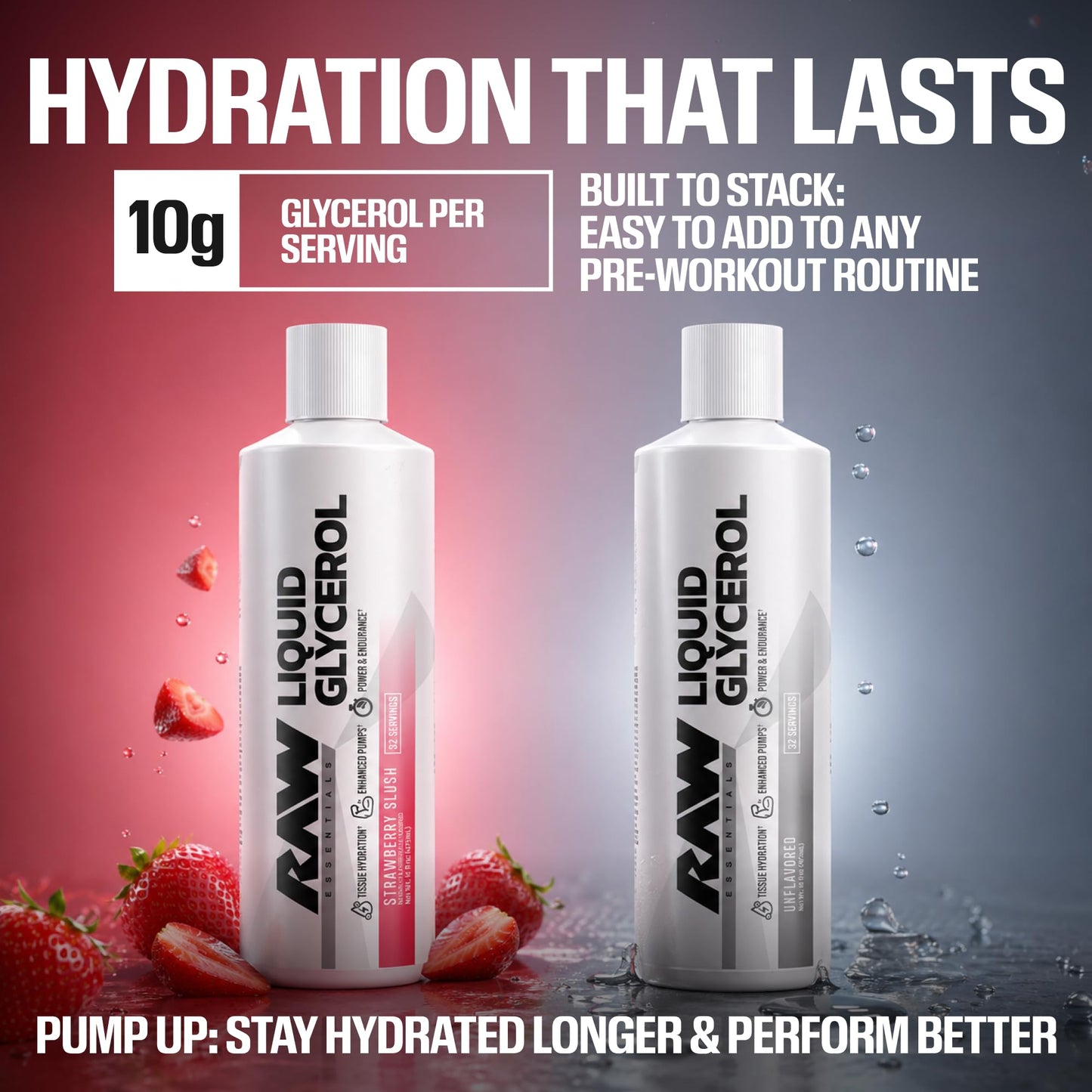 RAW Liquid Glycerol Workout Supplement, Liquid Glycerol Supplement for Enhanced Pumps, Increased Muscle Fullness, Endurance & Hydration - Pre-Workout for Men & Women, 32 Servings (Strawberry Slush)