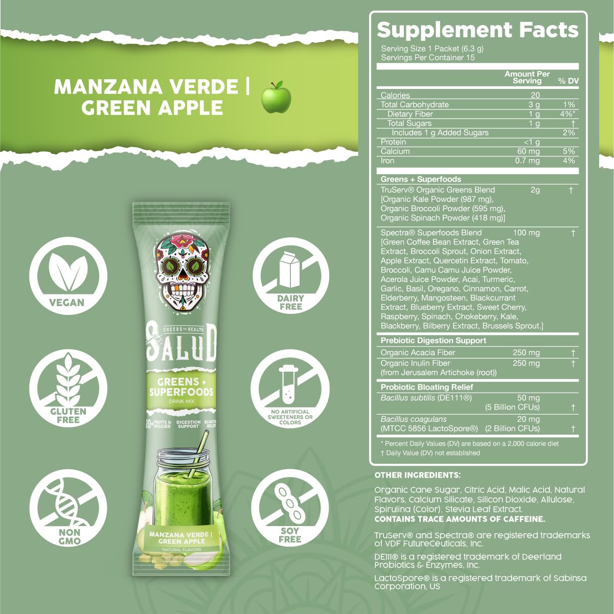 Salud 2-in-1 Greens Powder + Superfood Drink Mix, Strawberry Lime | 20+ Fruits and Veggies, Probiotics, Prebiotics, Supports Digestive Health, Bloating Relief, Vegan (15 Servings)