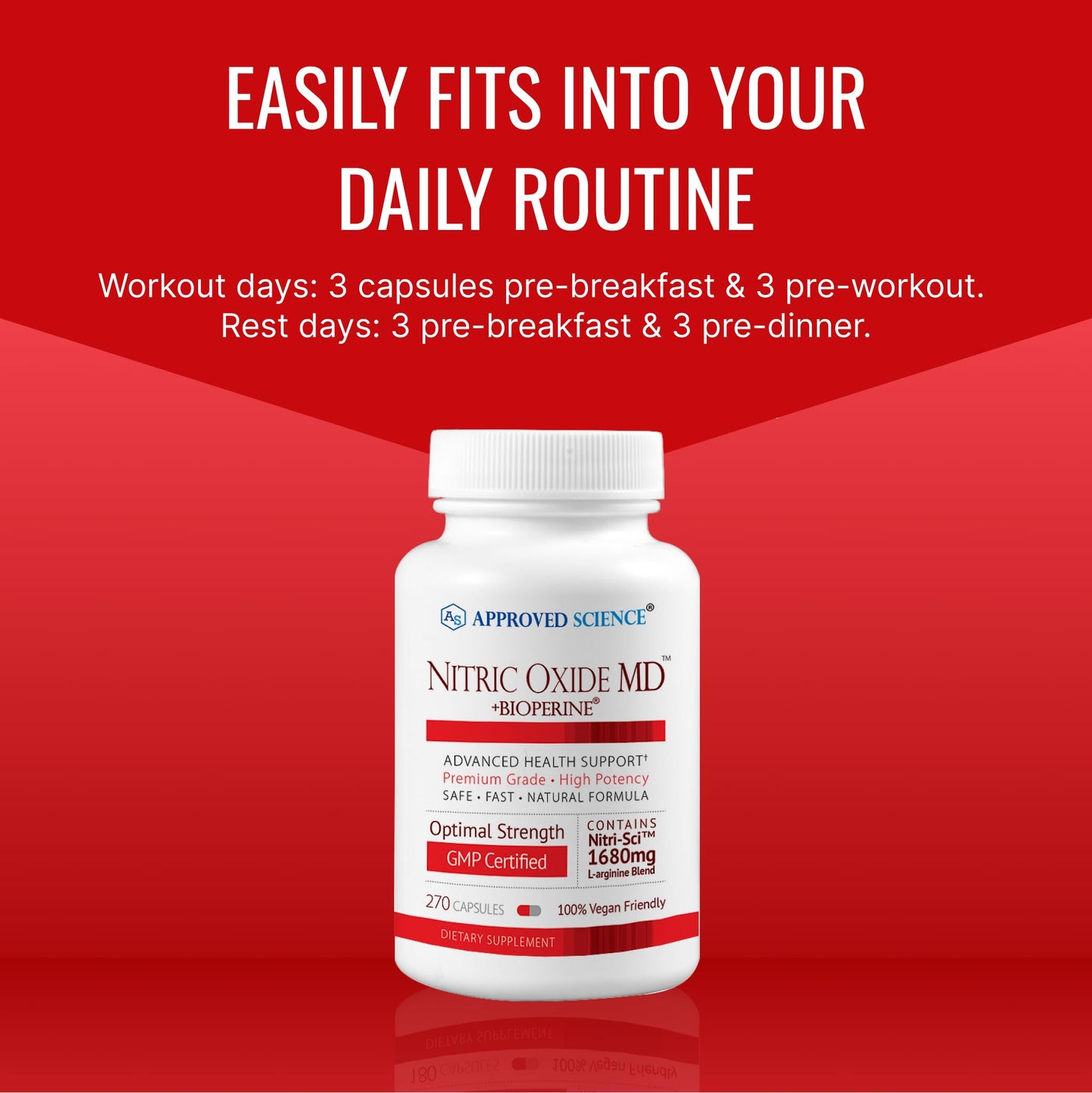 Approved Science Nitric Oxide MD - Muscle Development, Lean Body Mass, Improve Oxygen Supply, Boost Energy - 90 Capsules - 1 Bottle
