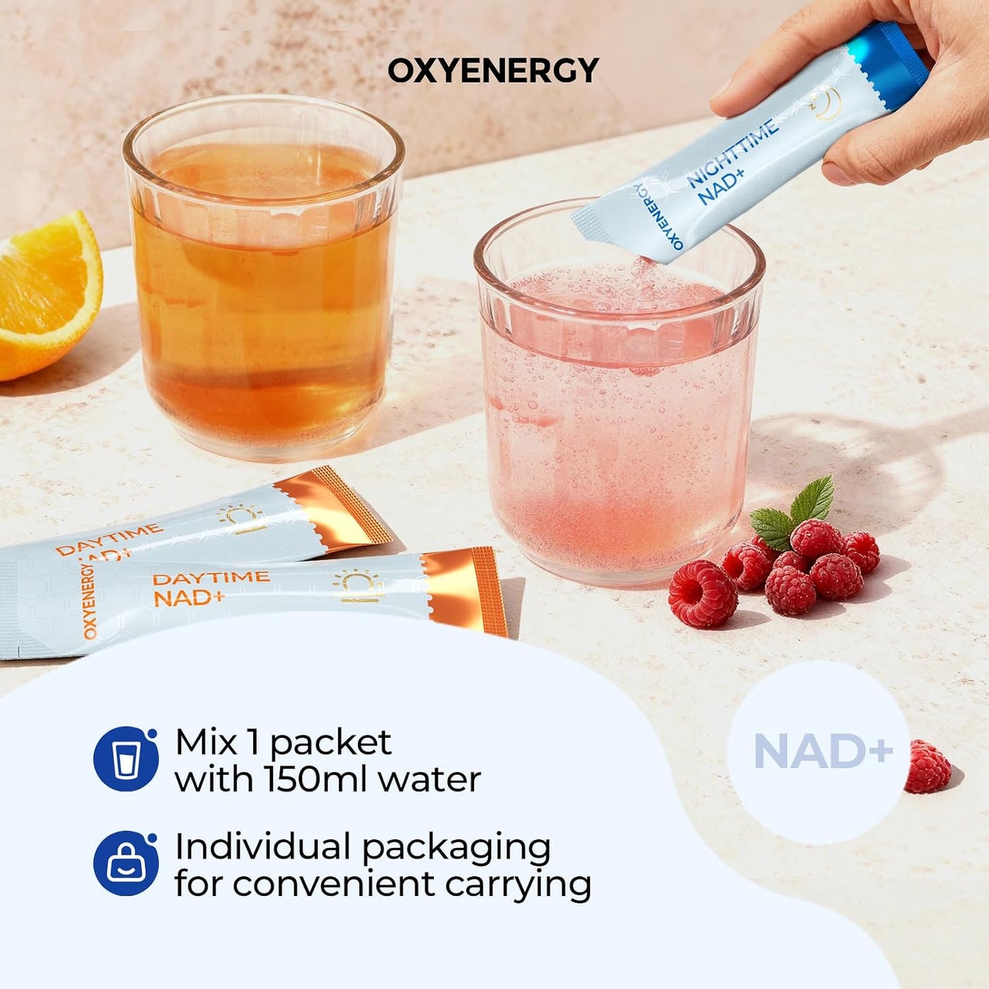 OxyEnergy NAD Supplement 1550 mg-Daytime Nicotinamide Riboside + Nighttime L-Tryptophan with Resveratrol, Glutathione, PQQ, 24-Hour Nonstop Energy, Anti-Aging & Cellular Renewal, 28 Packets