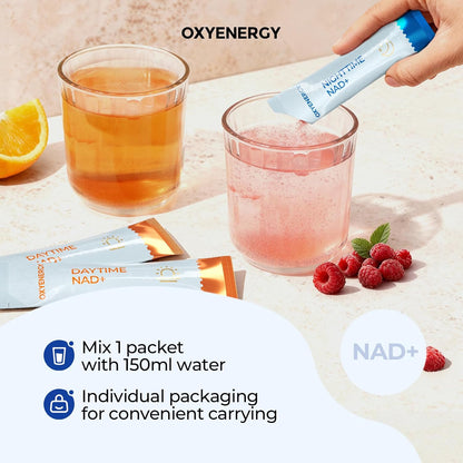 OxyEnergy NAD Supplement 1550 mg-Daytime Nicotinamide Riboside + Nighttime L-Tryptophan with Resveratrol, Glutathione, PQQ, 24-Hour Nonstop Energy, Anti-Aging & Cellular Renewal, 28 Packets
