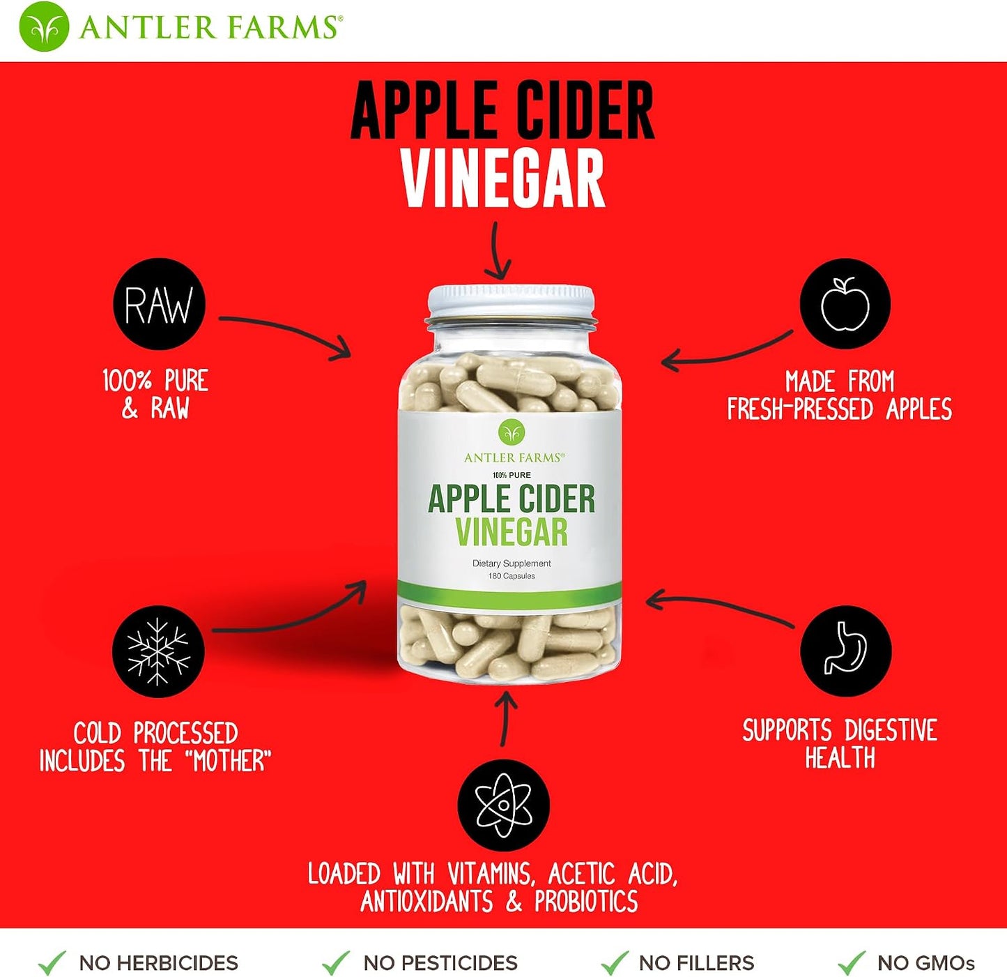 Antler Farms Apple Cider Vinegar with Mother, 180 Capsules, 500mg | 100% Pure Apple Cider Vinegar Pills, A Powerful Ally for Gut and Heart Health, Vegan, Gluten-Free & Non-GMO