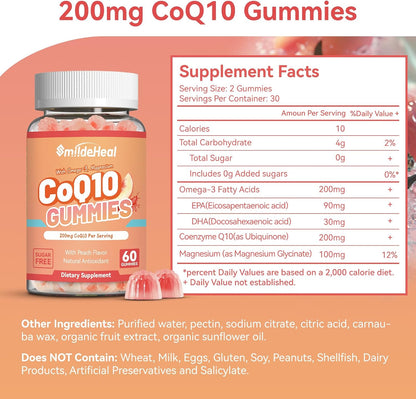 CoQ10 Gummies 200mg with Omega-3, EPA + DHA, & Magnesium - 60 Counts | Coenzyme Q10 Supplements for Heart Health, Cellular Energy & Antioxidant, Vegan, Sugar Free