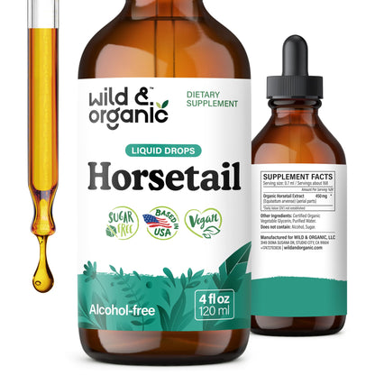 Wild & Organic Horsetail Herb Tincture - Hair Skin and Nails Support - Liquid Horsetail Supplement - Vegan, Sugar & Alcohol-Free Leaf Extract Drops - 4 fl oz