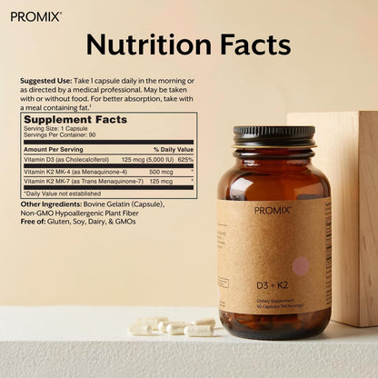 ProMix Nutrition Vitamin D3 K2 5000iu Supplement | MK4 & MK7 | Soy & Gluten Free - 90 Count Capsule