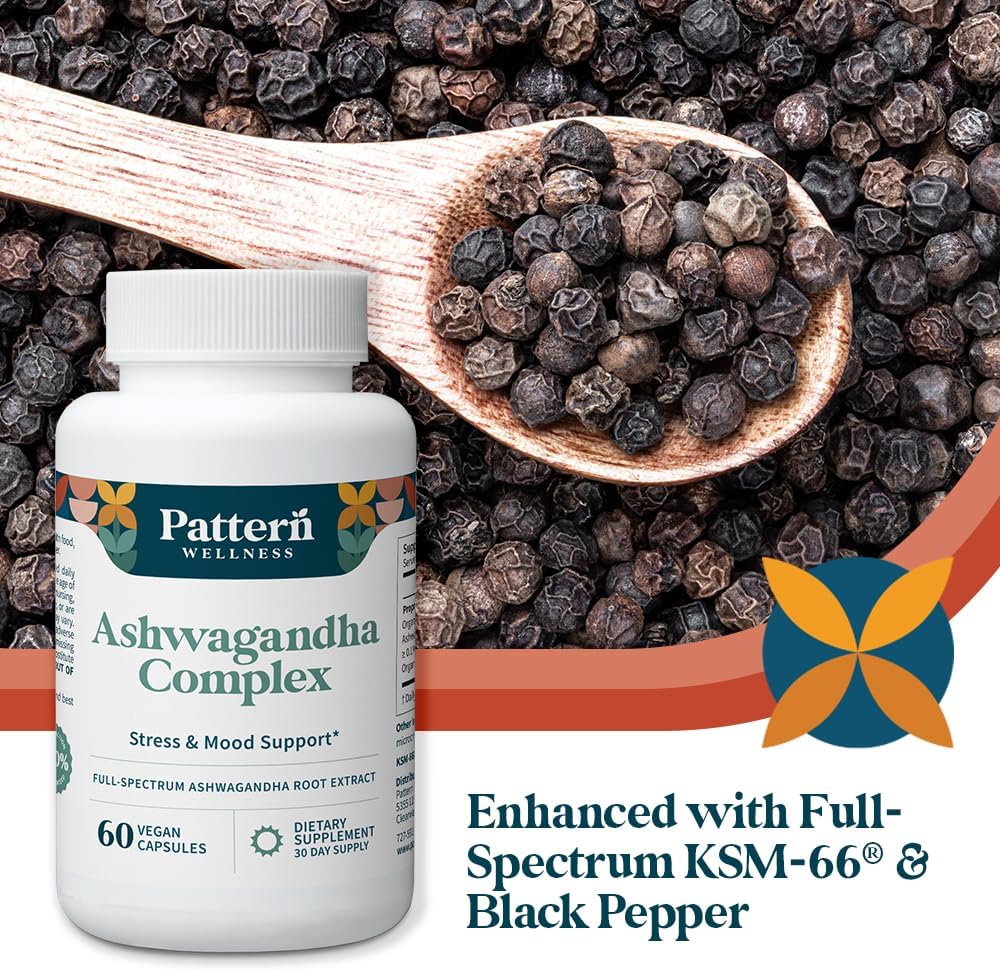 Pattern Wellness Ashwagandha Complex Supplement – 360 Vegan Capsules | For Men & Women – Organic KSM-66® & Black Pepper Extract – Supports Stress Response & Energy Balance – Non-GMO