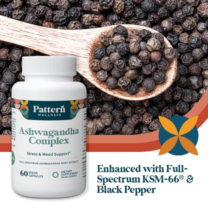 Pattern Wellness Ashwagandha Complex Supplement – 360 Vegan Capsules | For Men & Women – Organic KSM-66® & Black Pepper Extract – Supports Stress Response & Energy Balance – Non-GMO