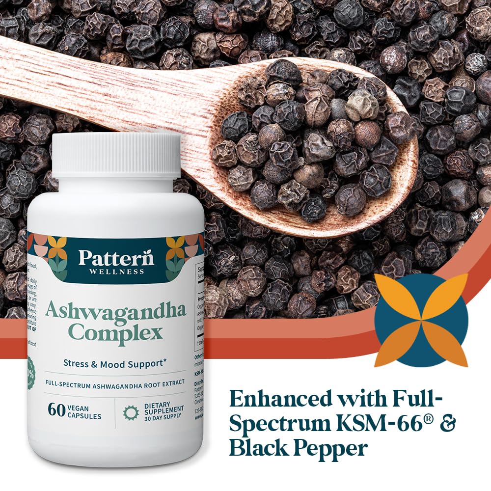 Pattern Wellness Ashwagandha Complex Supplement – 60 Vegan Capsules | For Men & Women – Organic KSM-66® & Black Pepper Extract – Supports Stress Response & Energy Balance – Non-GMO