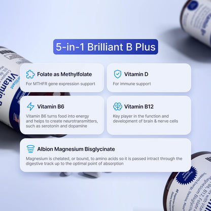 AgeImmune Vitamin B Complex with Vitamin D3 B12 B6 Magnesium Bisglycinate and Folate as Methylfolate - Doctor Formulated Methylated B Complex Supplement – 60 Capsules - Without Niacin