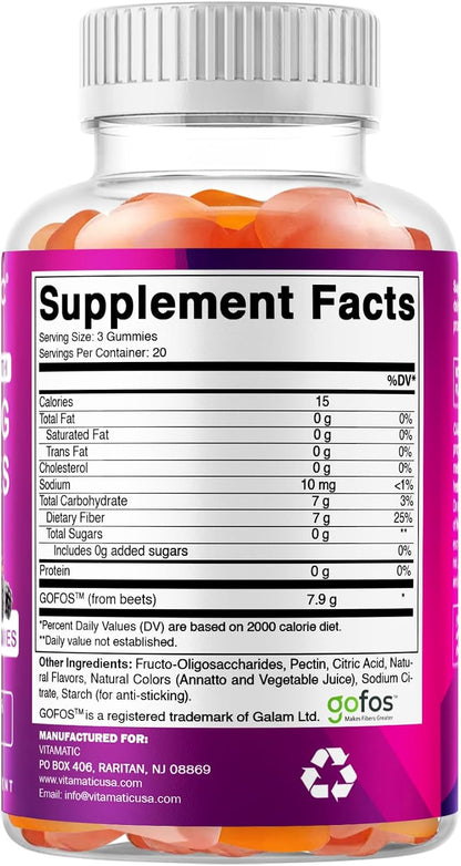 Vitamatic Prebiotic Fiber Gummies for Adults – 7g Fiber per Serving – 60 Pectin-Based Gummies Extra Strength, Zero Sugar Added – Supports Digestive Health & Regularity – Non-GMO, Vegan, Gluten-Free