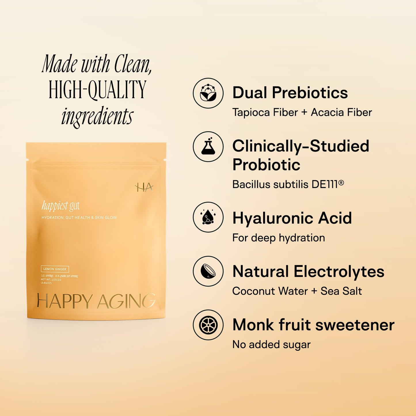Happy Aging Electrolytes Powder Packets for Women - Sugar Free Hydration & Gut Health with Hyaluronic Acid & Bacillus Subtilis DE111 Probiotics - Dual Prebiotic System for Skin Beauty