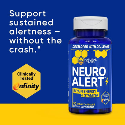 NeuroAlert Paraxanthine 200mg Caffeine Free Energy Supplement, 60 Capsules | With L-Tyrosine, L-Theanine and NADH. Smooth focus and mental drive without jitters or crash. Ideal for work and workouts.