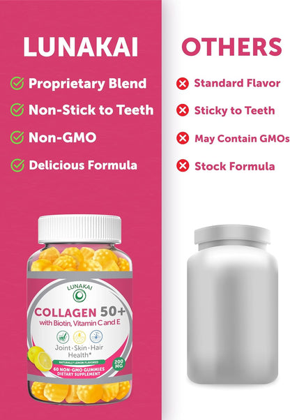 Lunakai USA Made Collagen Gummies for Women & Men Over 50, Biotin & Vitamin C, Supports Skin Elasticity, Hair & Nail Strength, Joint Support, 60ct