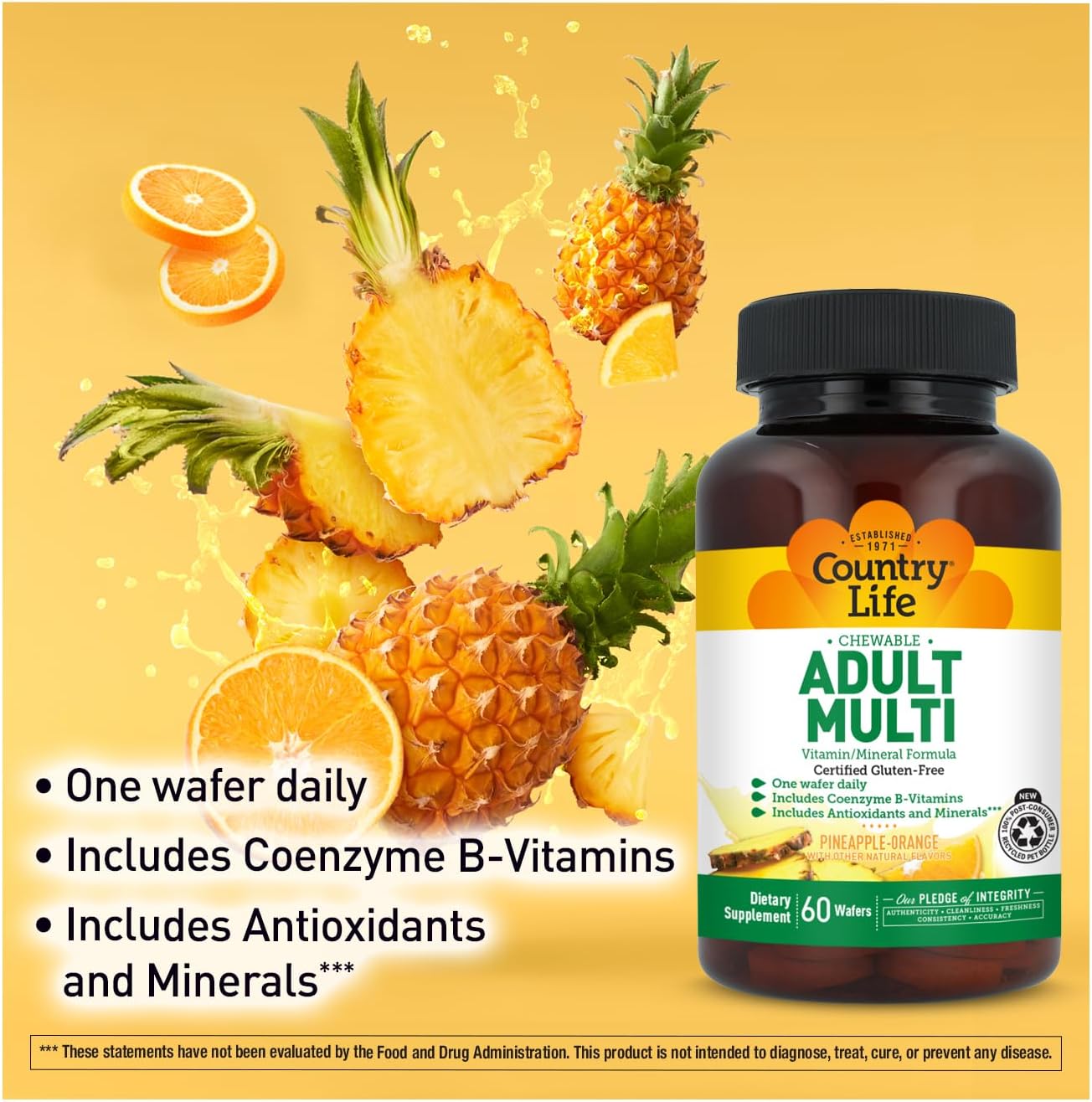 Country Life Adult Chewable Multivitamin with Coenzyme B-Vitamins, Antioxidants, Minerals, Pineapple-Orange Flavor - Supports Energy Metabolism and Immune Health, Gluten Free - 60 Wafers