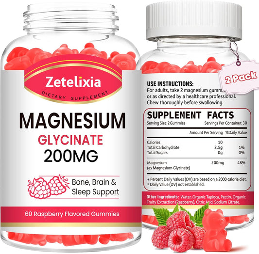 Gomitas de glicinato de magnesio de 200 MG, suplementos de glicinato de magnesio de alta absorción para relajación, sabor a frambuesa, paquete de 2, 120 unidades