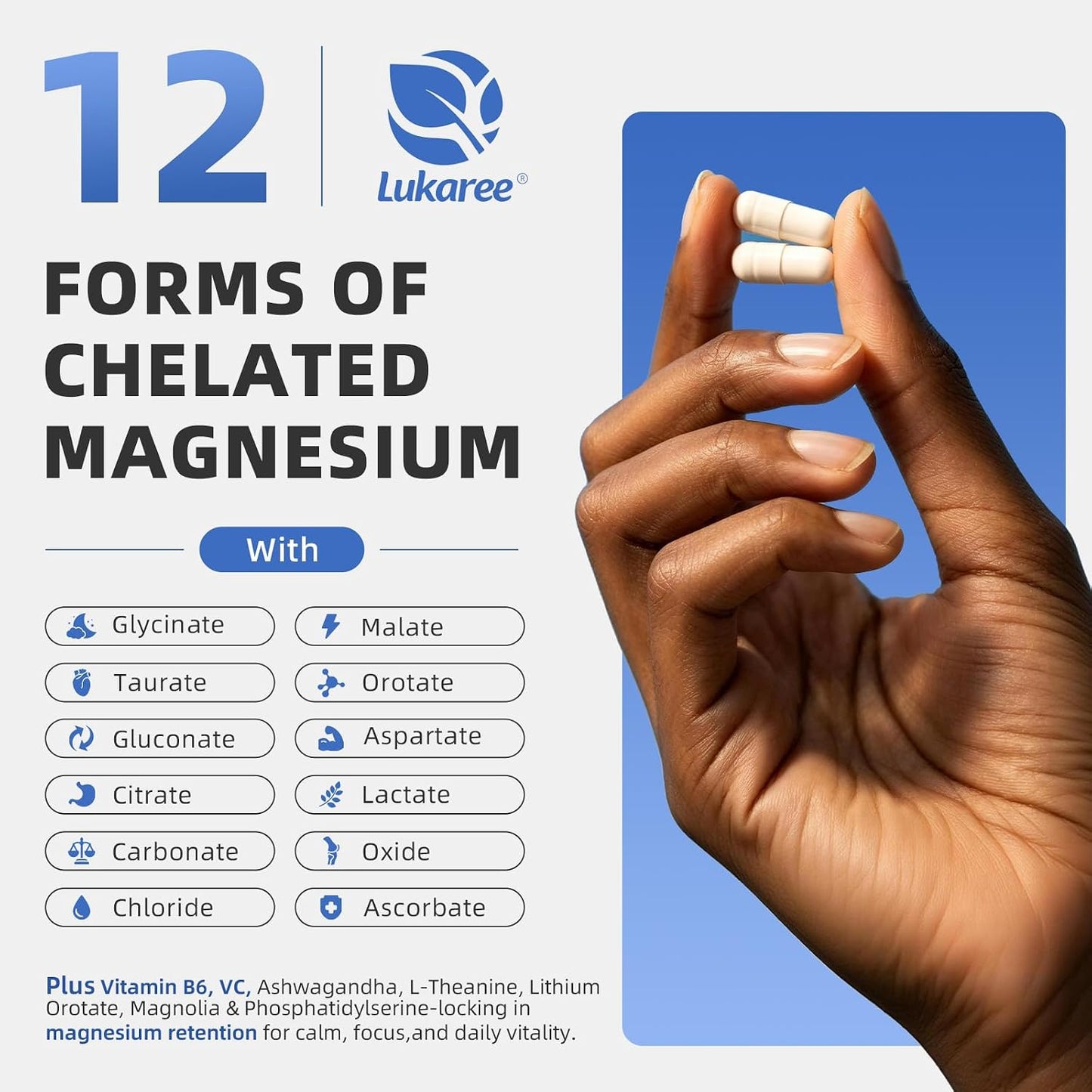 Magnesium Complex Supplement -12 Forms of Glycinate, Citrate, B6 & More | Chelated Formula Plus Ashwagandha,Lithium Orotate - Support for Sleep, Muscle & Nerves*- Men & Women Capsules- Non-GMO-120 Ct