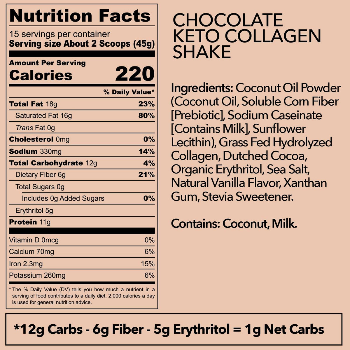 Ketologie Keto Collagen Shake (Chocolate) - with Coconut Oil, Prebiotics, Grass-Fed Hydrolyzed