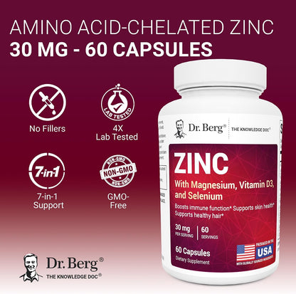 Dr. Berg Zinc 30 mg (60 Capsules) – High Potency 7-in-1 Immune Support Formula – Chelated Zinc with Vitamin D & Selenium for Healthy Skin, Hair & Daily Wellness – No Fillers, 4X Tested*
