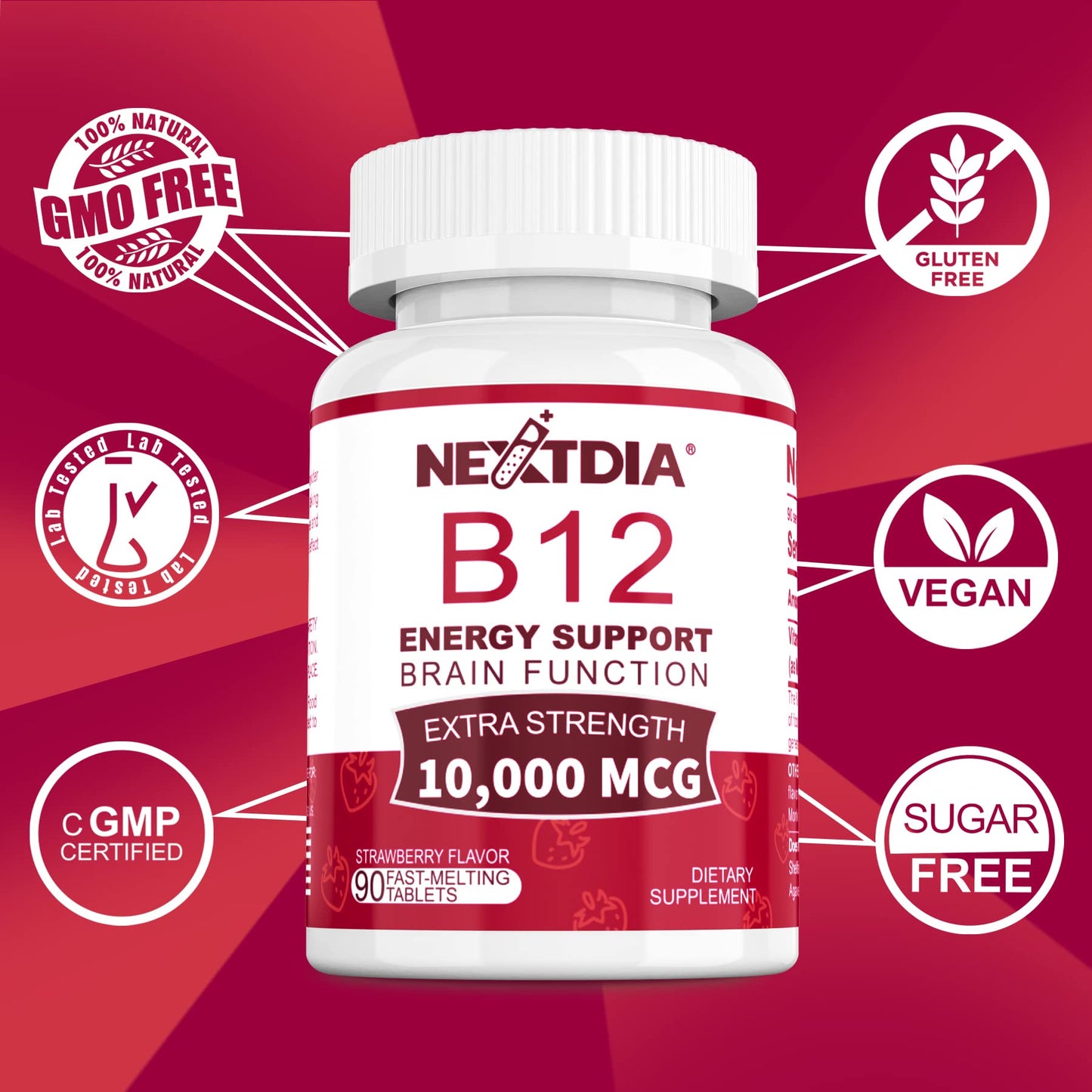 B12 Vitamins 10,000 mcg, Methylated Vitamin B12 Sublingual - Energy Boost, Focus, Metabolism & Brain Health Support, Immune System Support, Fast Dissolve, Natural Strawberry Flavor, 180 Servings