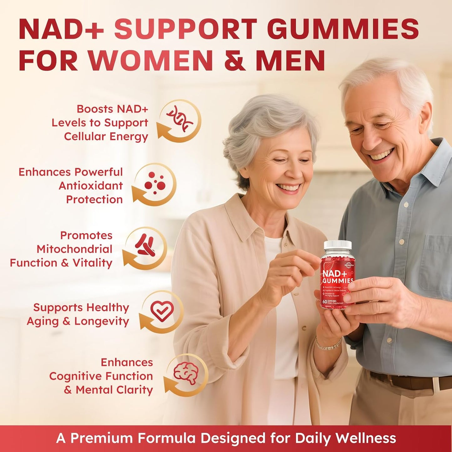 NAD+ Supplement Gummies, NAD Reveratrol Supplement for Women & Men, NAD+ with TMG, ALA, PQQ, CoQ10, Quercetin for Anti-Aging, Brain, Cellular Energy Health, Strawberry Flavor, 60ct