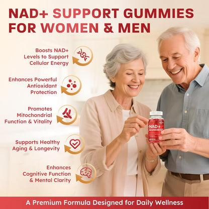 NAD+ Supplement Gummies, NAD Reveratrol Supplement for Women & Men, NAD+ with TMG, ALA, PQQ, CoQ10, Quercetin for Anti-Aging, Brain, Cellular Energy Health, Strawberry Flavor, 60ct