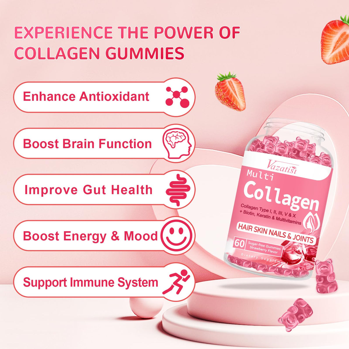 Sugar Free Collagen Gummies for Women Men, 2500mg Collagen with Biotin Sea Moss wberry Flavored Supplement