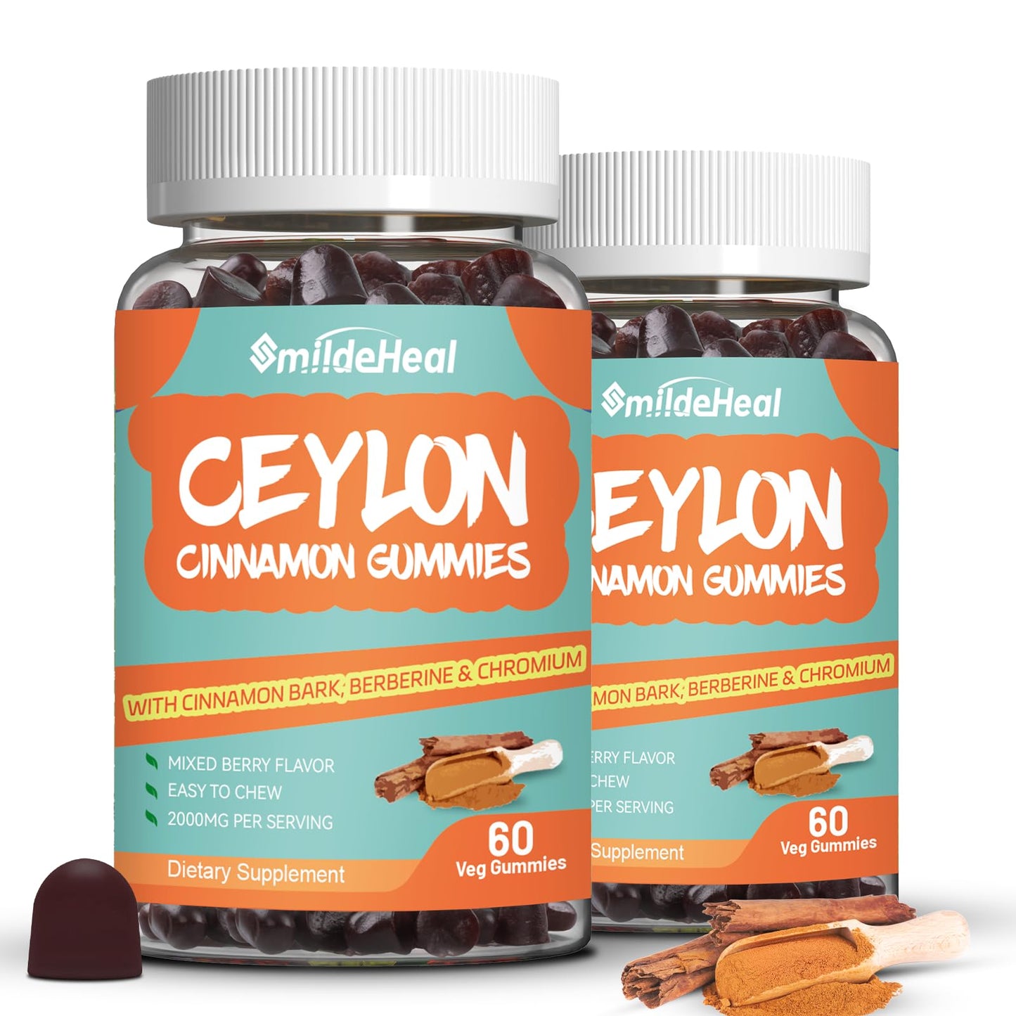 Sugar Free Ceylon Cinnamon Gummies 2000MG, Cinnamon Supplement with Chromium and Cinnamon Bark, Vegan, Non-GMO, Gluten Free, 60 Gummies