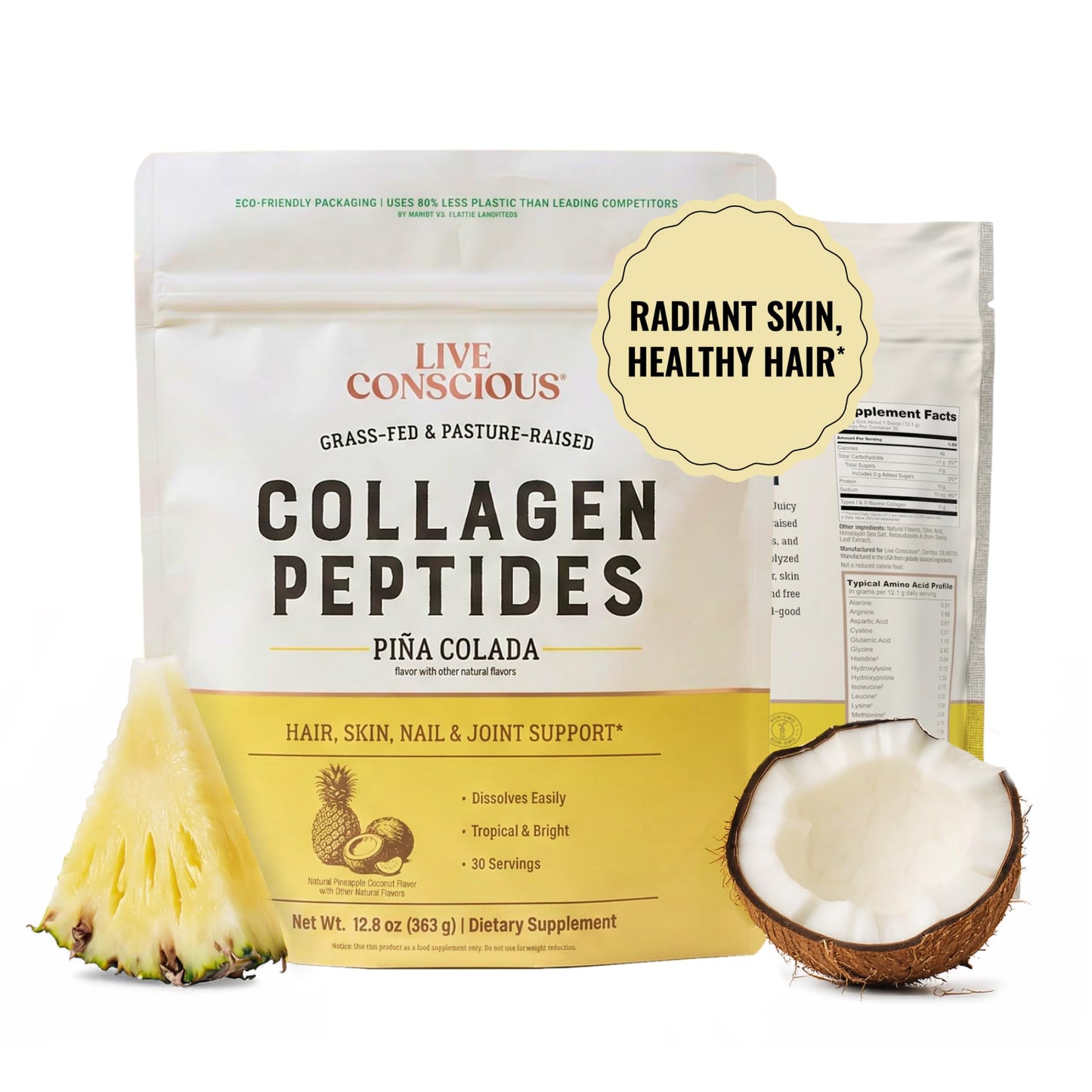Live Conscious Collagen Peptides Powder - Naturally-Sourced Hydrolyzed Collagen Powder - Hair, Skin, Nail, and Joint Support - Type I & III Grass-Fed Collagen Supplements for Women and Men - 16oz