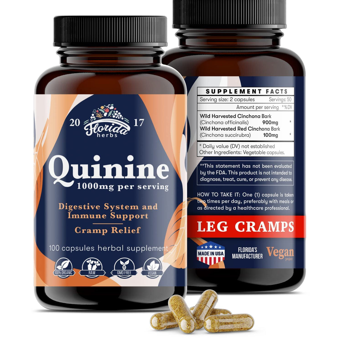 Leg Cramps Support Organic Pills - 1000 mg - Quinine Tablets for Cramp Defense