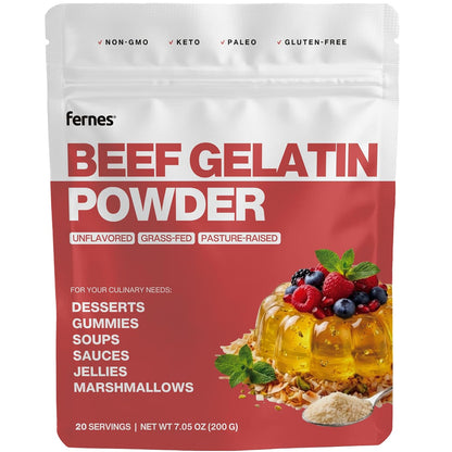 Fernes Beef Gelatin Powder Unflavored - Grass-Fed & Pasture-Raised, 225 Bloom Thickening Agent for Gummies, Marshmallows, Jellies, Desserts & Baking - Keto, Paleo, Non-GMO, Kosher, Gluten-Free, 7 oz