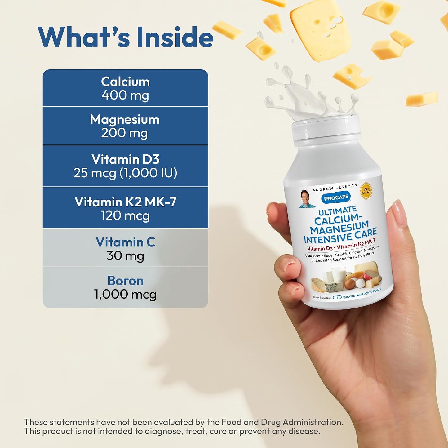 ANDREW LESSMAN Ultimate Calcium-Magnesium Intensive Care with Vitamin D3 & K2 MK7-120 mcg - 180 Capsules – Bone and Skeleton Health Essentials. Gentle, Easy to Swallow, Super Soluble. No Additives
