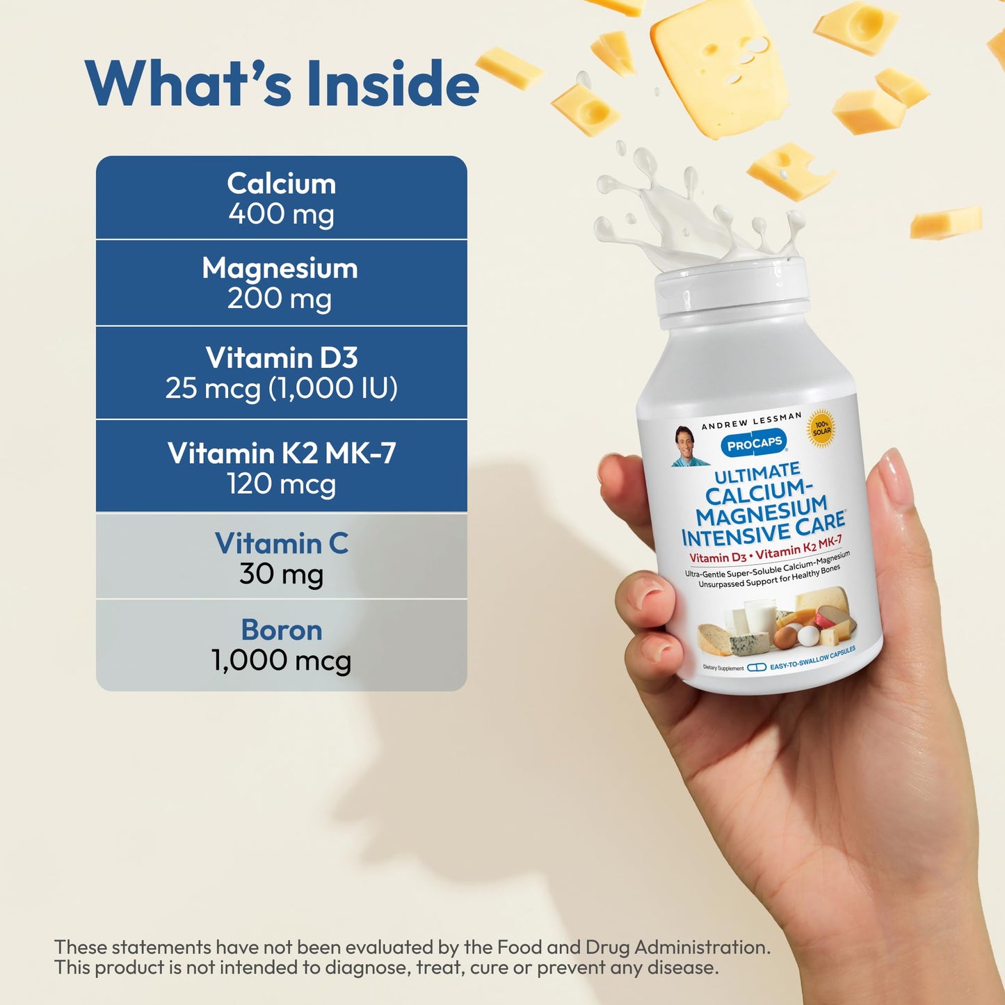 ANDREW LESSMAN Ultimate Calcium-Magnesium Intensive Care with Vitamin D3 & K2 MK7-120 mcg - 180 Capsules – Bone and Skeleton Health Essentials. Gentle, Easy to Swallow, Super Soluble. No Additives