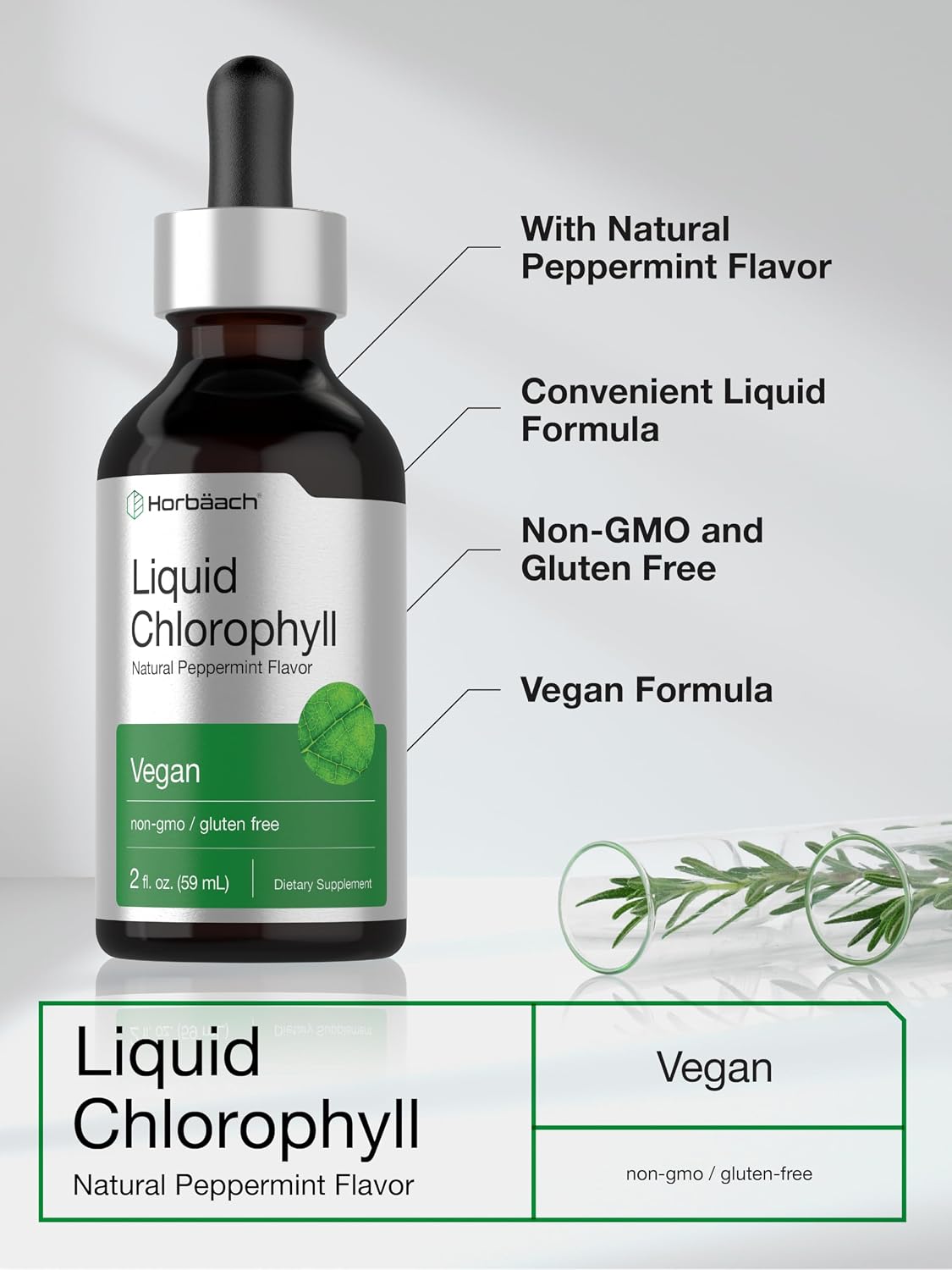 Horbäach Liquid Chlorophyll Drops | 2 fl oz | Natural Peppermint Flavor | Vegan, Non-GMO & Gluten Free Formula