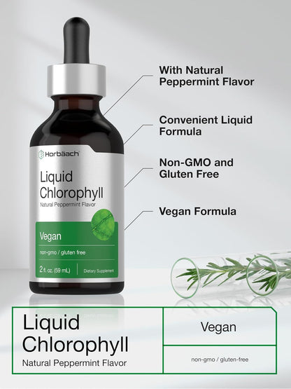 Horbäach Liquid Chlorophyll Drops | 2 fl oz | Natural Peppermint Flavor | Vegan, Non-GMO & Gluten Free Formula