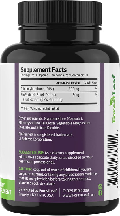 ForestLeaf DIM Supplement - 300mg DIM Estrogen Supplement for Women/Men - Diindolylmethane with BioPerine Black Pepper - Support for Detox, Metabolism, Hormone Balance & Menopause - 90 Caps