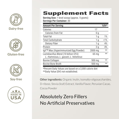 Microbiome Breakthrough™ Gut Support Powder – Vegetarian Vanilla – With Probiotics, Prebiotics, and IgY Max® – Source of L-Glutamine – Supports Digestive Comfort, Gas & Bloating Relief 30 Servings*