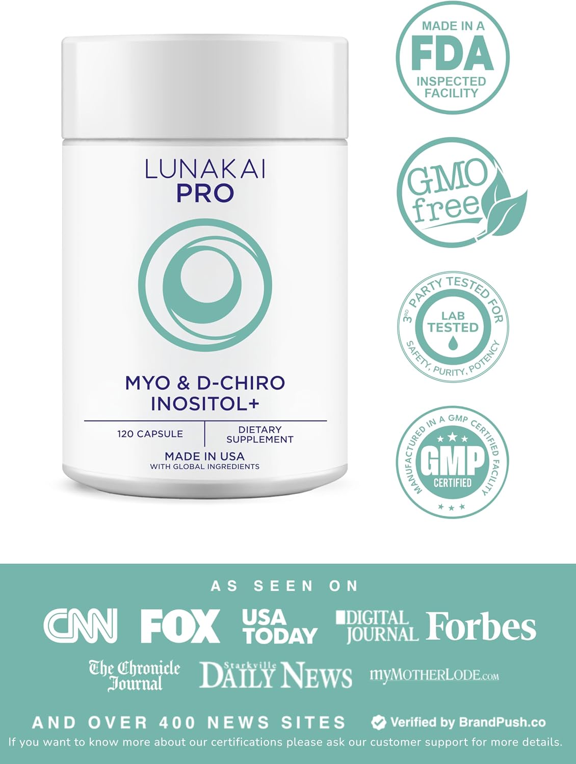 Lunakai Myo-Inositol D-Chiro Inositol for Women 40:1, 2000mg Supplement | USA Made | with CoQ10, Folate & Vitamin D3 - Daily Hormone Balance & Ovarian Support, 120ct